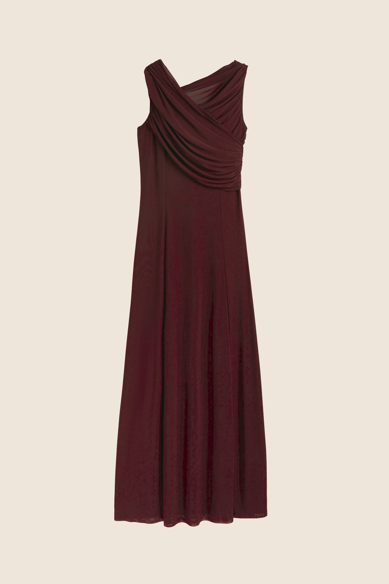 Vestido drapeado capucha burdeos