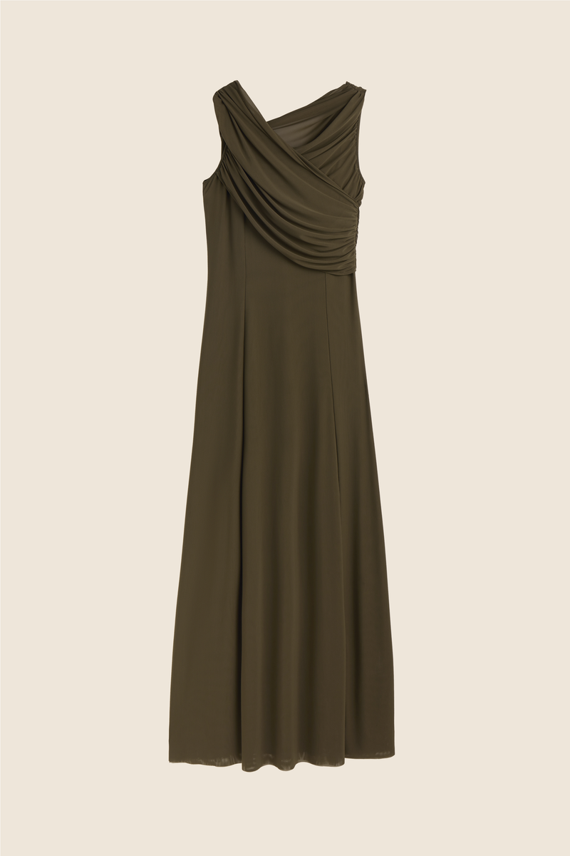 Vestido drapeado capucha kaki
