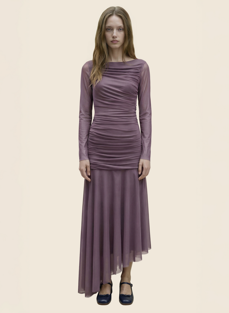 Vestido de tul asimétrico malva