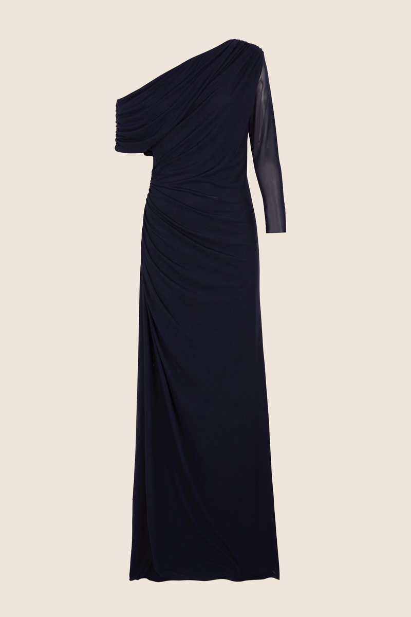 DRAPED NAVY TULLE DRESS