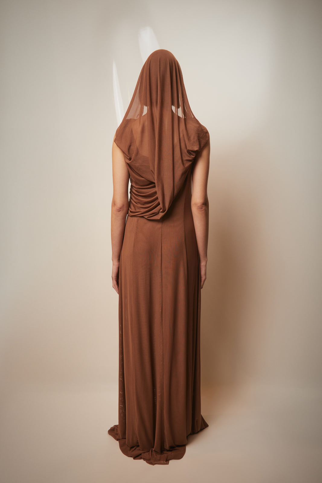 Draped terracotta hooded dress