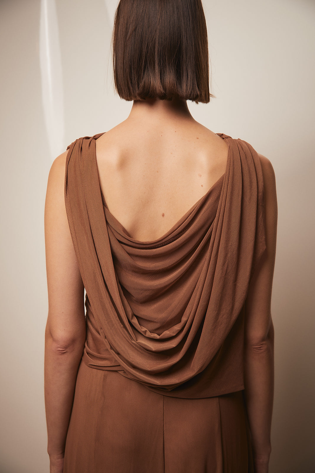 Draped terracotta hooded dress