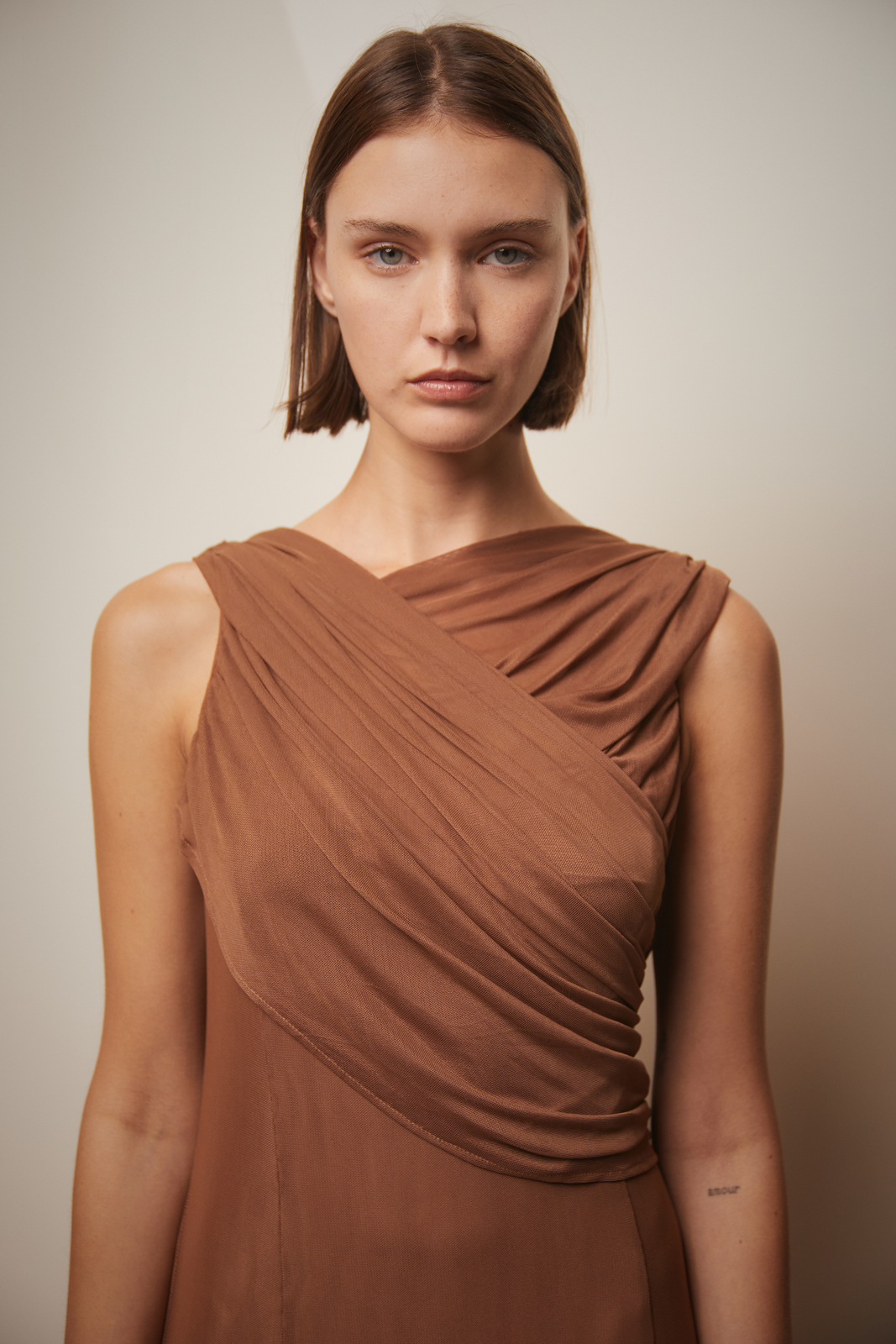 Draped terracotta hooded dress