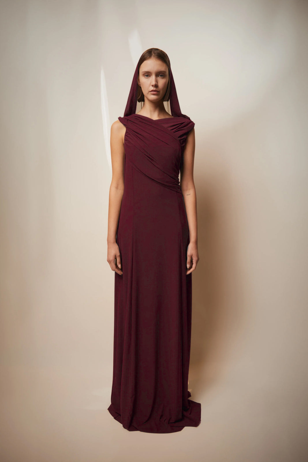 Draped burgundy hooded dress