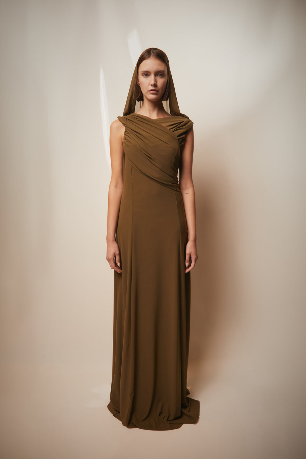 Draped khaki hooded dress