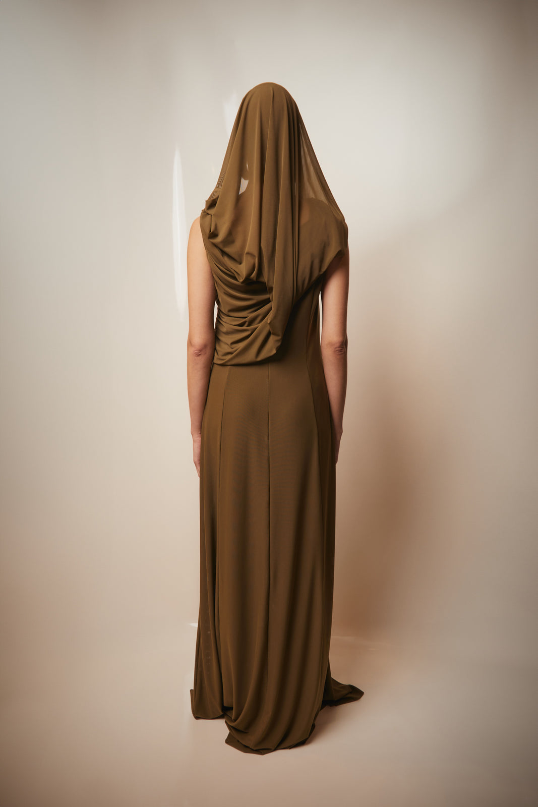 Draped khaki hooded dress