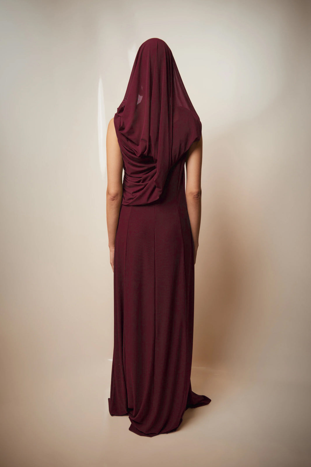 Draped burgundy hooded dress