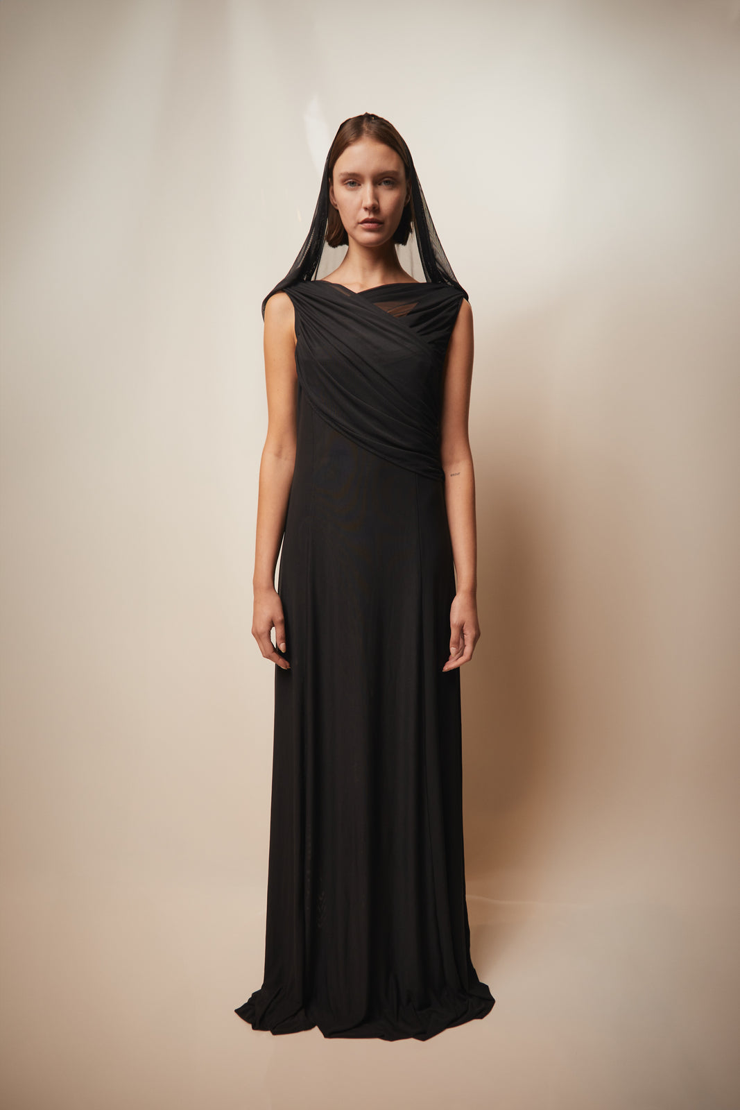 Draped black hooded dress